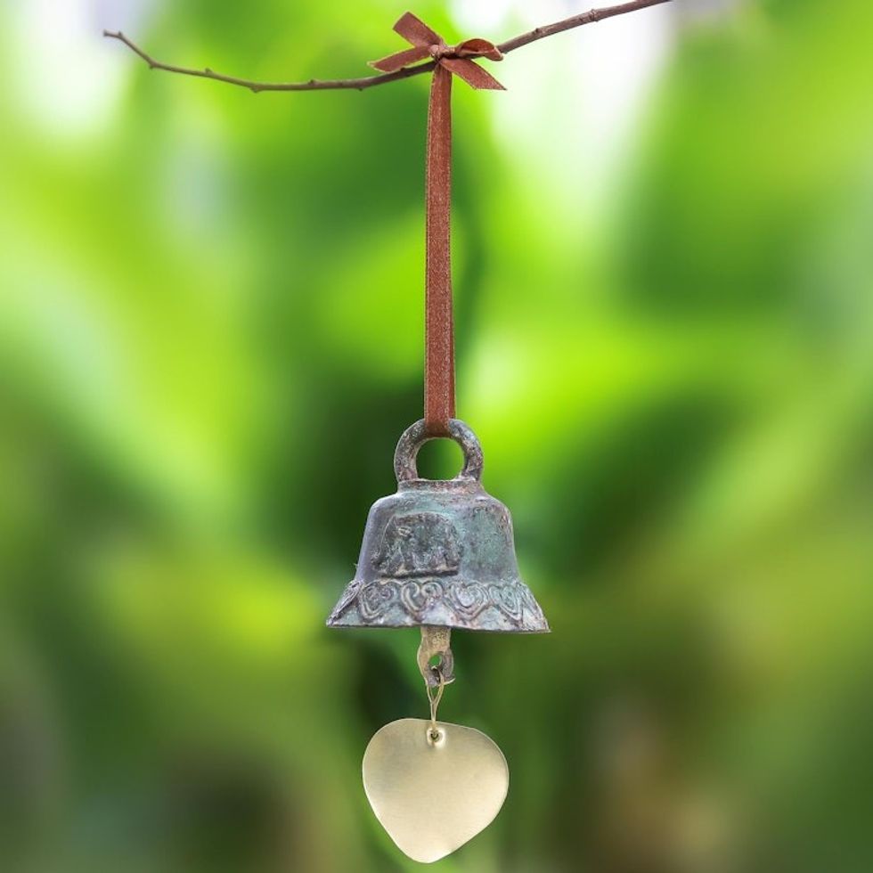 Antiqued Elephant Motif Brass Bell from Thailand 'Traditional Sound'