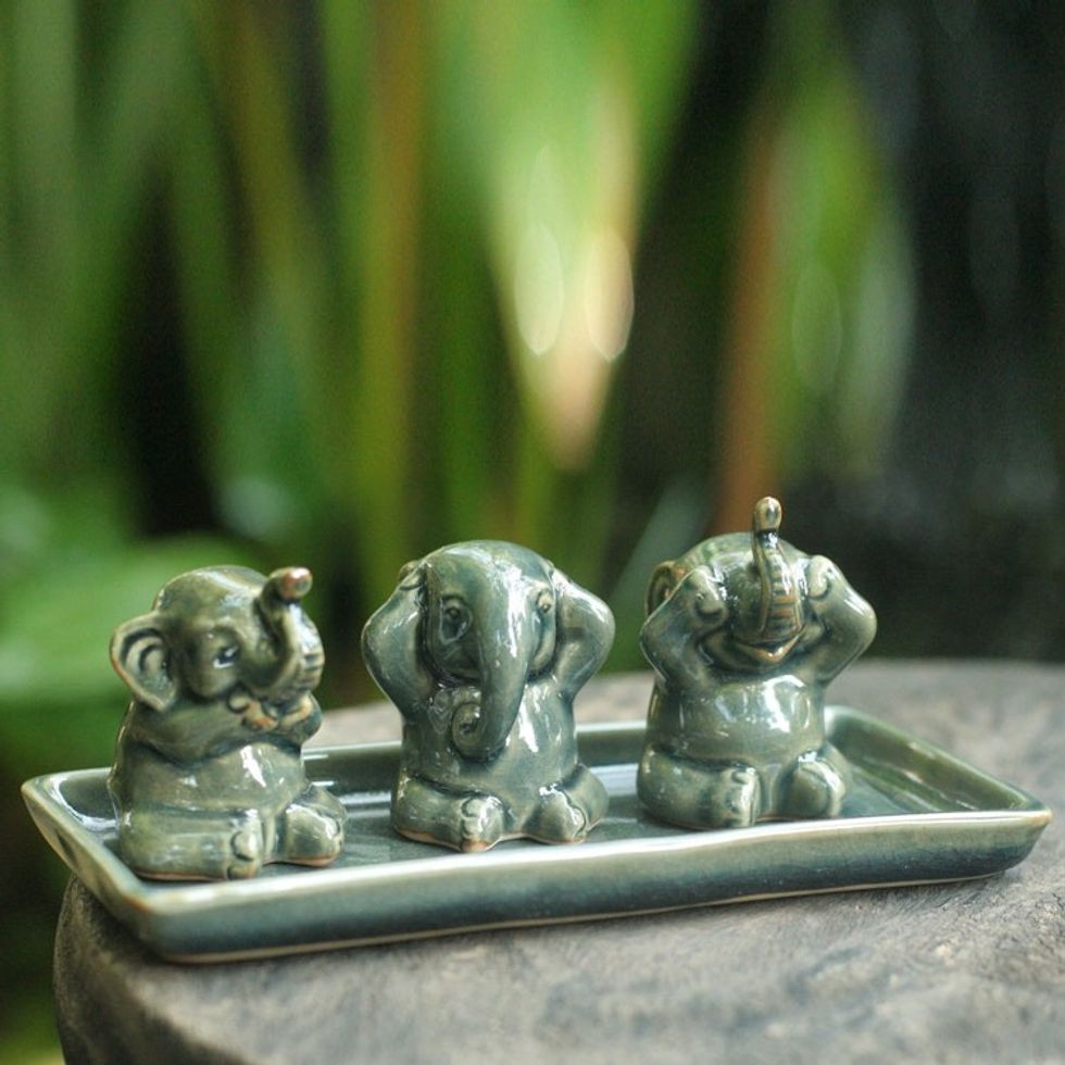 Unique Celadon Ceramic Figurines Set of 3 'Elephant Lessons'