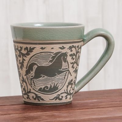 Alternate image for Celadon Glazed Ceramic Mug with Horse from Thailand Thai Zodiac Horse