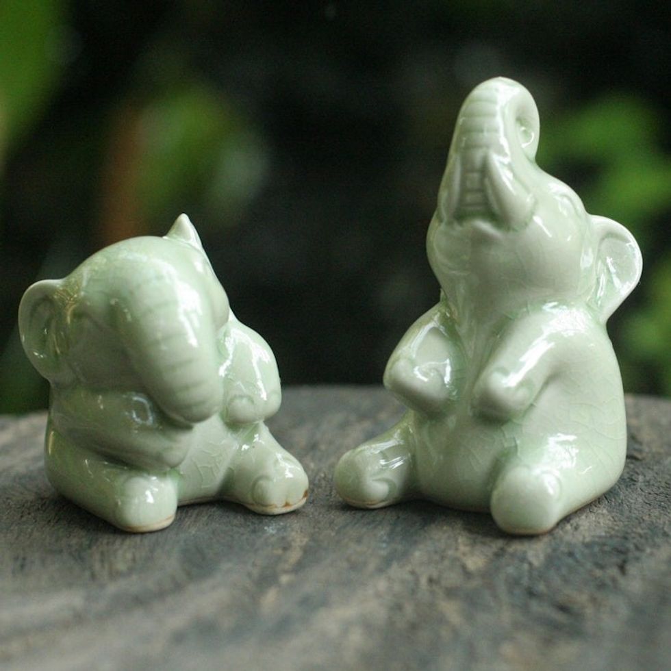 Hand Made Celadon Ceramic Sculptures Pair 'Happy Green Elephants'