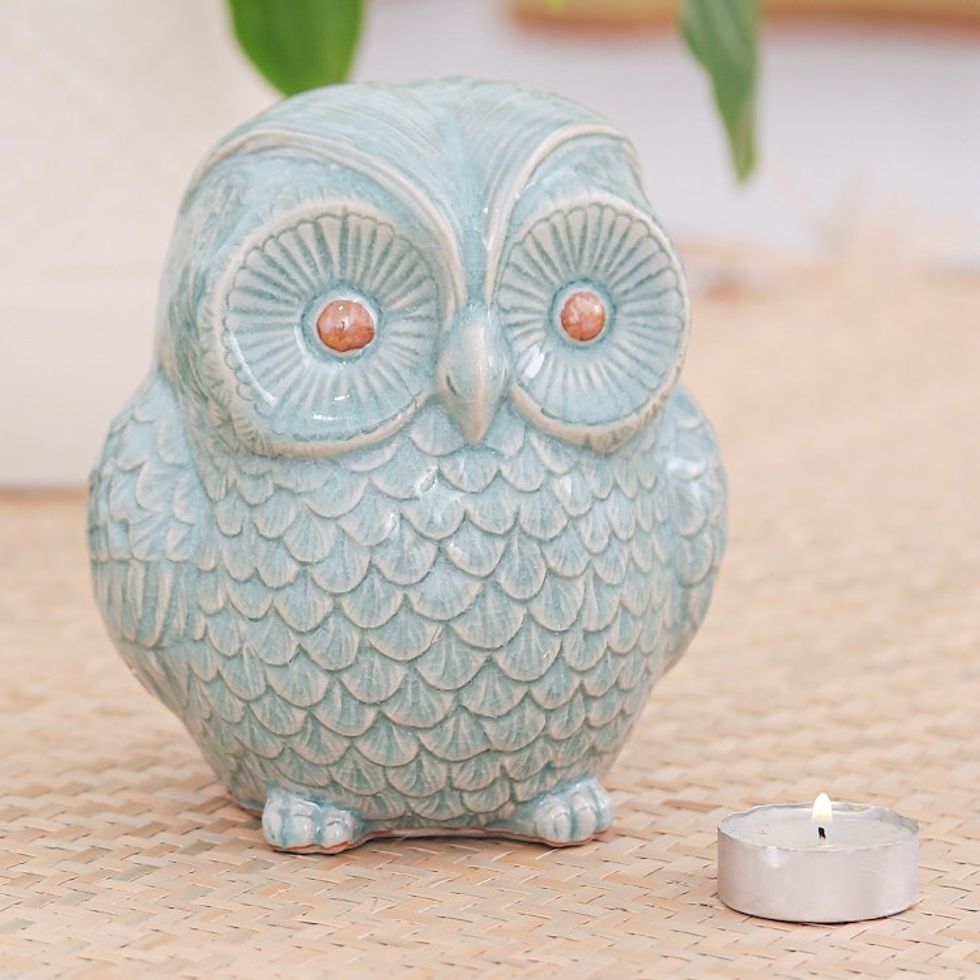 Blue Celadon Ceramic Owl Figurine 'Sweet Blue Owl'