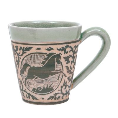 Alternate image for Celadon Glazed Ceramic Mug with Horse from Thailand Thai Zodiac Horse