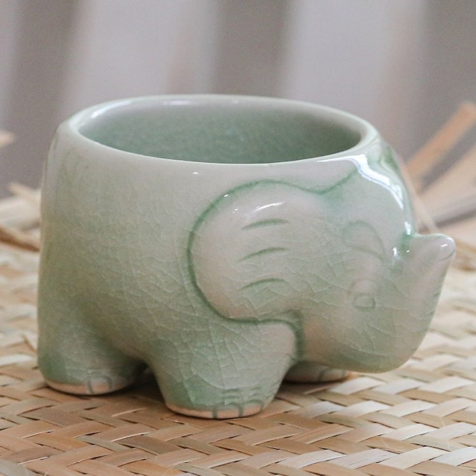 Handmade Celadon Teacup in Green 'Lanna Elephant'