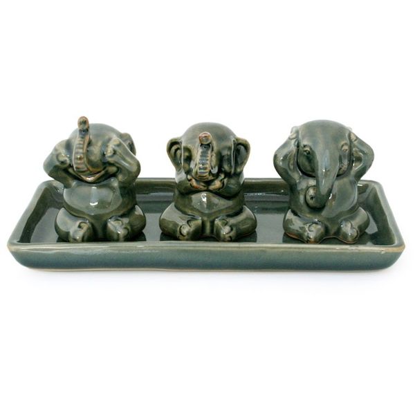 Alternate image for Unique Celadon Ceramic Figurines Set of 3 Elephant Lessons