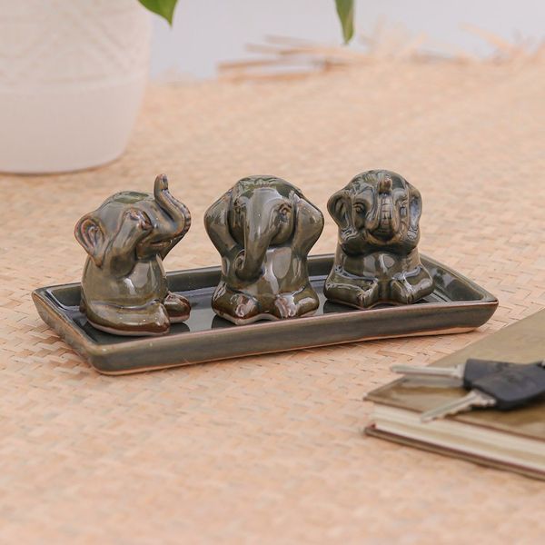 Alternate image for Unique Celadon Ceramic Figurines Set of 3 Elephant Lessons