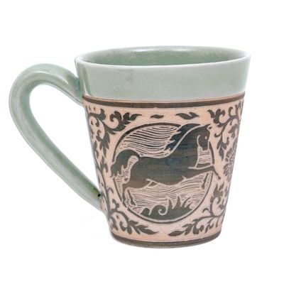 Alternate image for Celadon Glazed Ceramic Mug with Horse from Thailand Thai Zodiac Horse