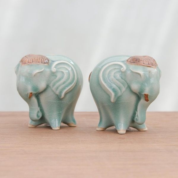 Alternate image for Celadon Ceramic Elephant Salt and Pepper Shakers Pair Calm Elephants in Green
