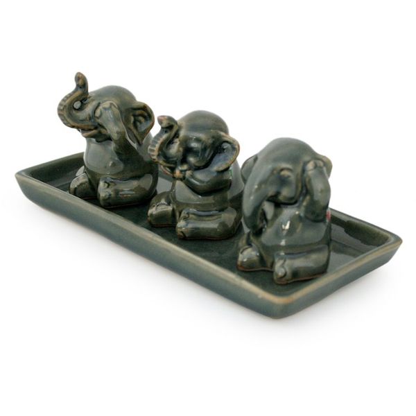 Alternate image for Unique Celadon Ceramic Figurines Set of 3 Elephant Lessons