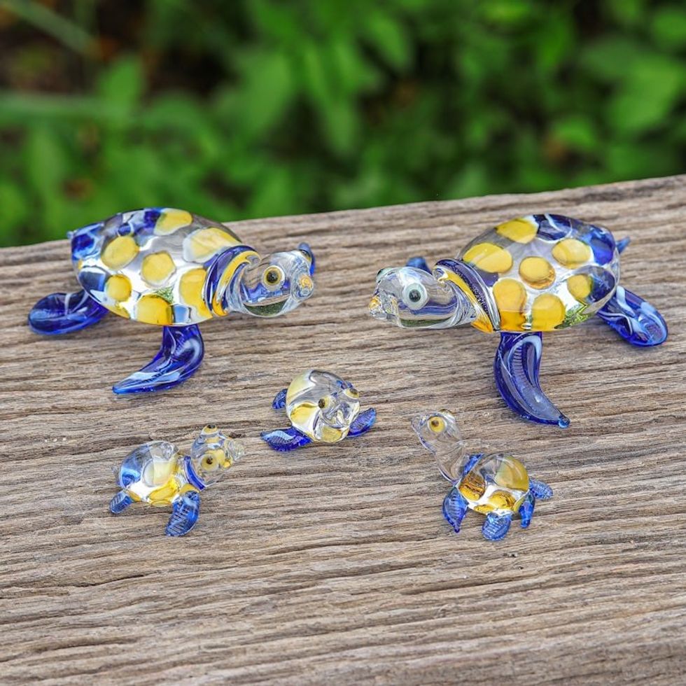 Set of 5 Handmade Glass Turtle Figurines in Blue and Yellow 'Turtle Gathering'