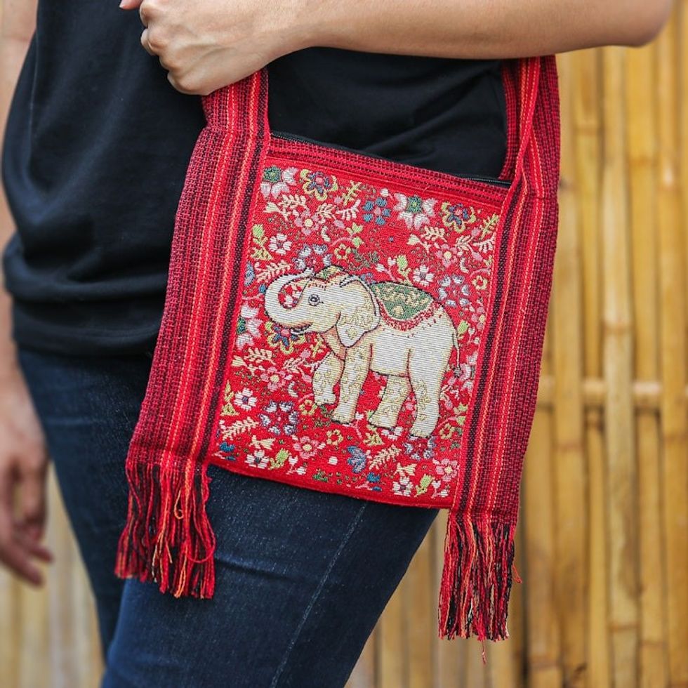 Traditional Elephant-Themed Floral Red Sling with Fringes ''Elephant's Delight'