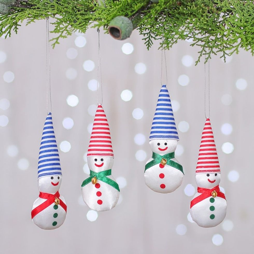 Set of Four Satin Snowmen Ornaments with Aluminum Bells 'Snowy Kids'