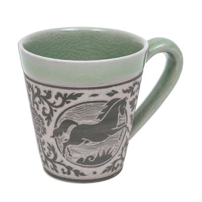Alternate image for Celadon Glazed Ceramic Mug with Horse from Thailand Thai Zodiac Horse