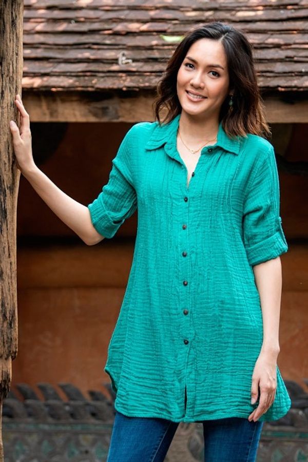 Alternate image for Button-Up Cotton Gauze Shirt from Thailand Sea Green Pintucks