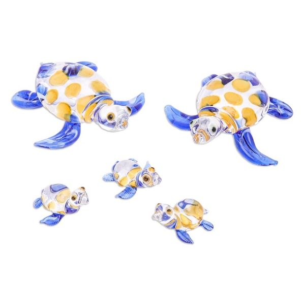 Alternate image for Set of 5 Handmade Glass Turtle Figurines in Blue and Yellow Turtle Gathering