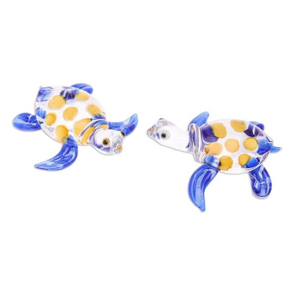 Alternate image for Set of 5 Handmade Glass Turtle Figurines in Blue and Yellow Turtle Gathering