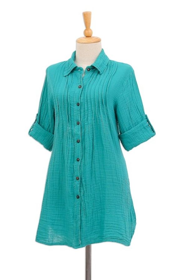 Alternate image for Button-Up Cotton Gauze Shirt from Thailand Sea Green Pintucks