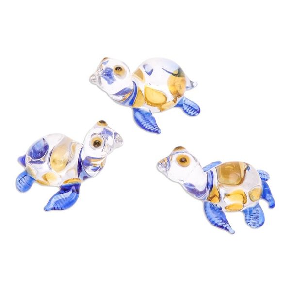 Alternate image for Set of 5 Handmade Glass Turtle Figurines in Blue and Yellow Turtle Gathering
