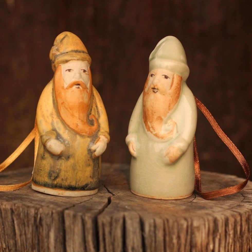 Celadon ceramic Christmas ornaments Pair 'Thai Santa Claus'