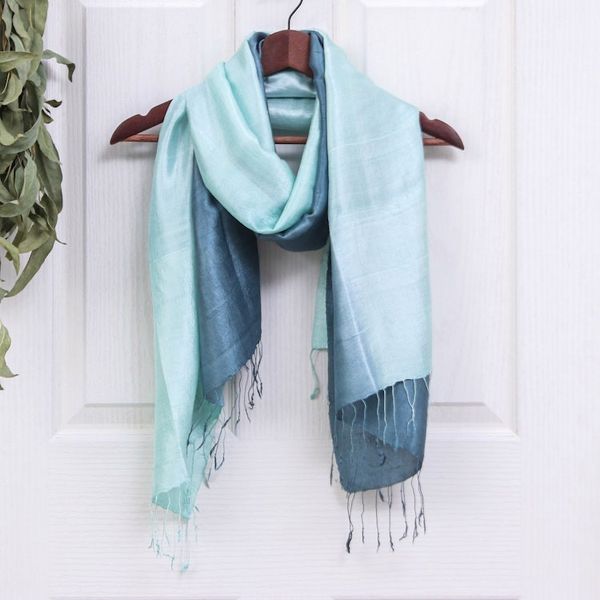Alternate image for Blue and Green Fringed Silk Shawl Hand-Woven in Thailand Hydrangea Spring