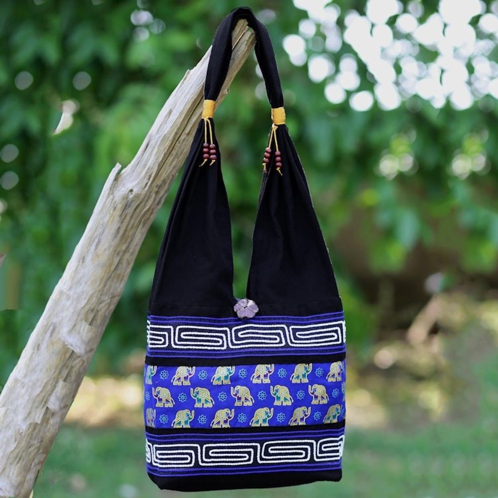 Black and Blue Cotton Blend Shoulder Bag from Thailand 'Thai Siam'