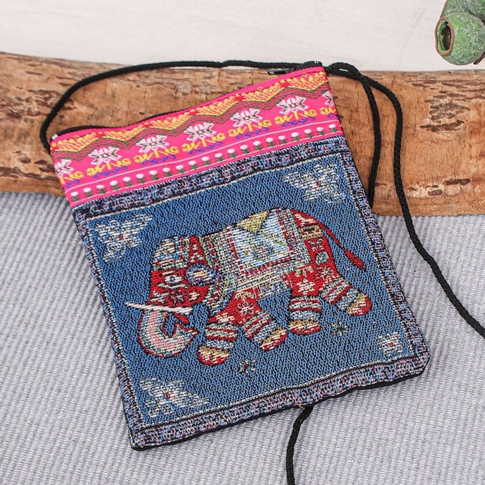 Artisan Crafted Cotton-Blend Sling 'Mae Rim Elephant in Blue'