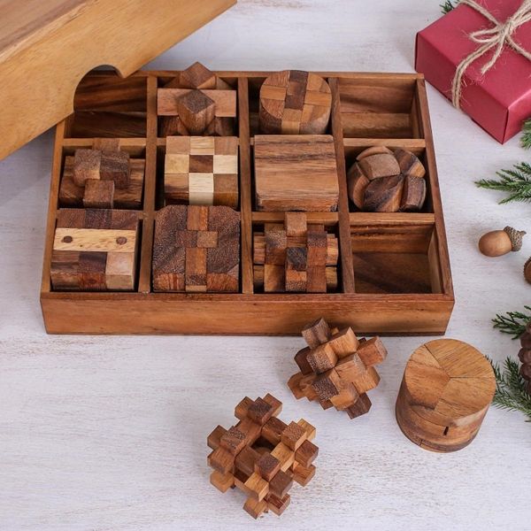 Alternate image for 12 Handcrafted Wood Puzzles with Box from Thailand Array of Challenges
