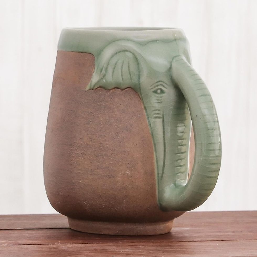 Ceramic Celadon Thai Elephant Mug in Green and Brown 'Morning Elephant'