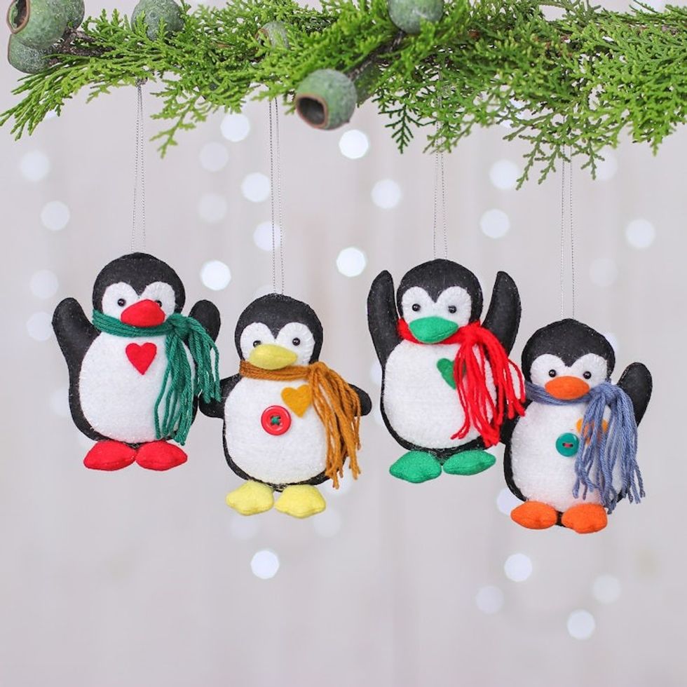 Set of Four Colorful Felt and Acrylic Penguin Ornaments 'Festive Penguins'