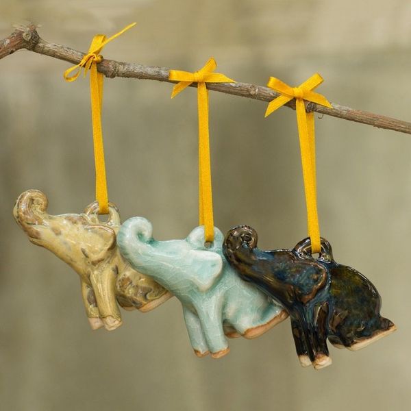 Alternate image for Artisan Crafted Ornaments in Celadon Ceramic Set of 3 Holiday Elephants