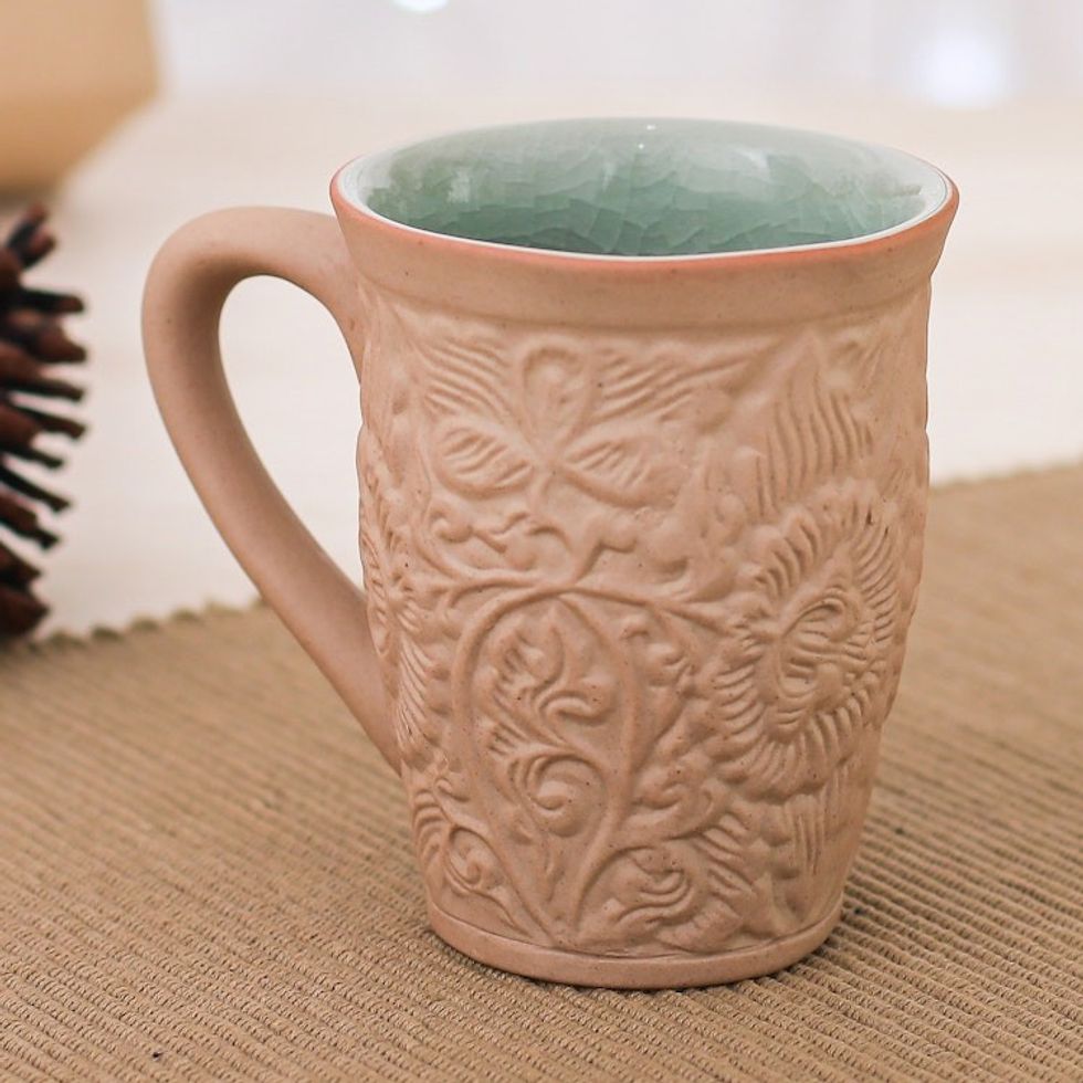 Ceramic Floral and Leaf Mug with Crackled Celadon Accents 'Thai Flora'