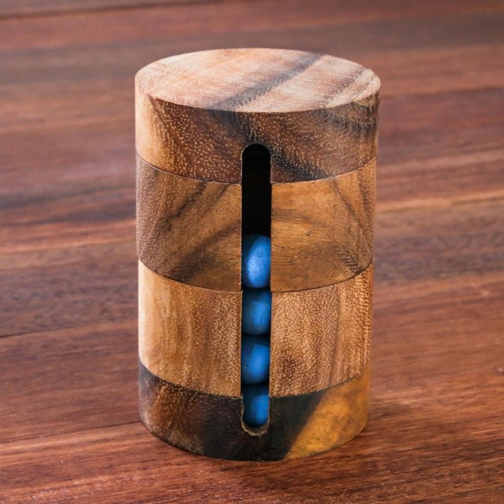 Handcrafted Wood Cylindrical Puzzle from Thailand 'Spin to Win'