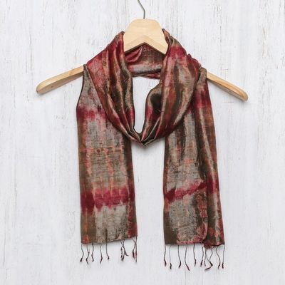 Alternate image for Tie-Dyed Silk Scarf in Claret and Avocado from Thailand Macaw Colors