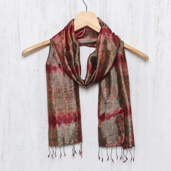 Alternate image for Tie-Dyed Silk Scarf in Claret and Avocado from Thailand Macaw Colors