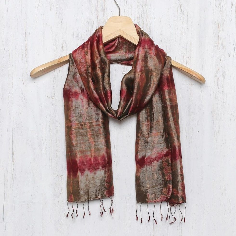 Tie-Dyed Silk Scarf in Claret and Avocado from Thailand 'Macaw Colors'