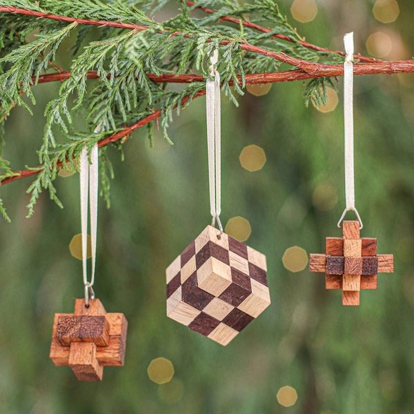 Alternate image for Small Wooden Puzzle Ornaments Set of 3 Creative Christmas