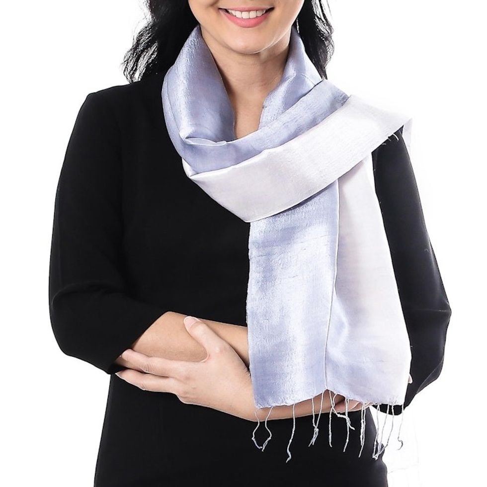 Ombre Grey Silk Scarf with Fringe from Thailand 'Silvery Glow'