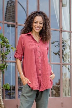 Image for Rusty Rose Button-Up Cotton Gauze Shirt from Thailand Spice Pintucks