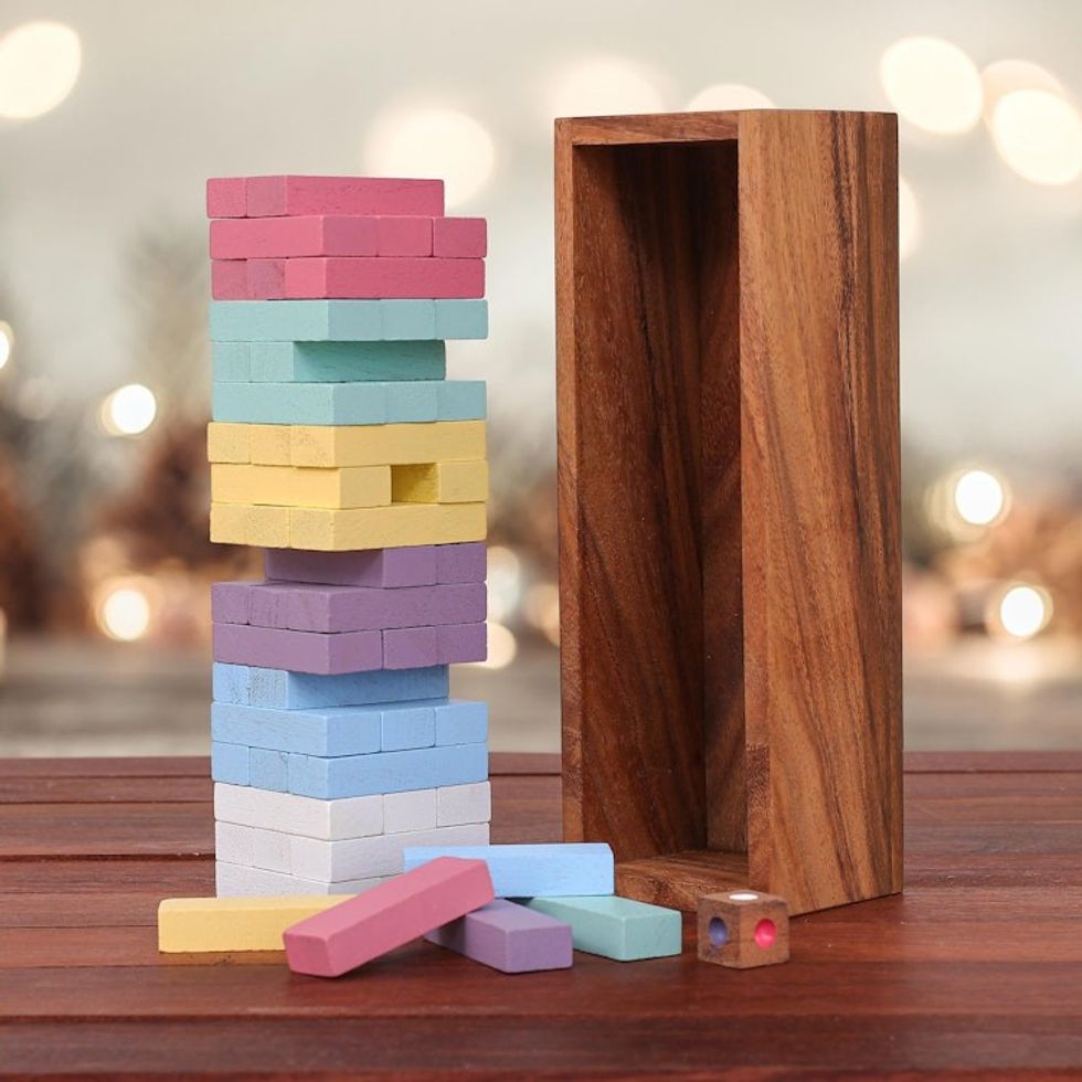 Thai Raintree Wood Stacking Puzzle 'Colorful Balance in Medium'