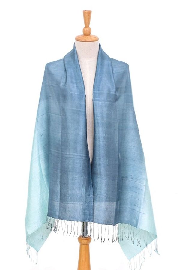 Alternate image for Blue and Green Fringed Silk Shawl Hand-Woven in Thailand Hydrangea Spring