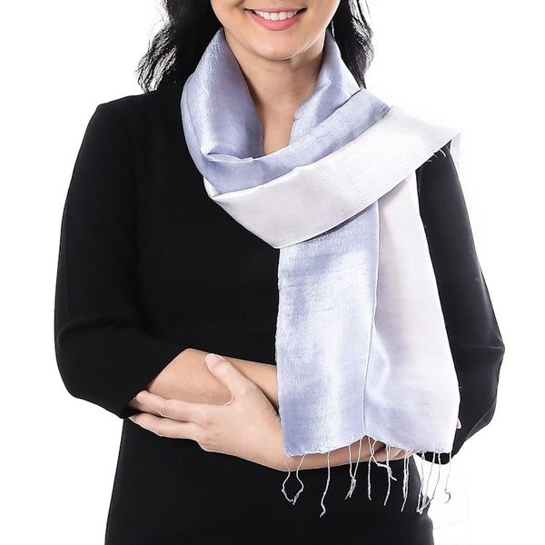 Alternate image for Ombre Grey Silk Scarf with Fringe from Thailand Silvery Glow