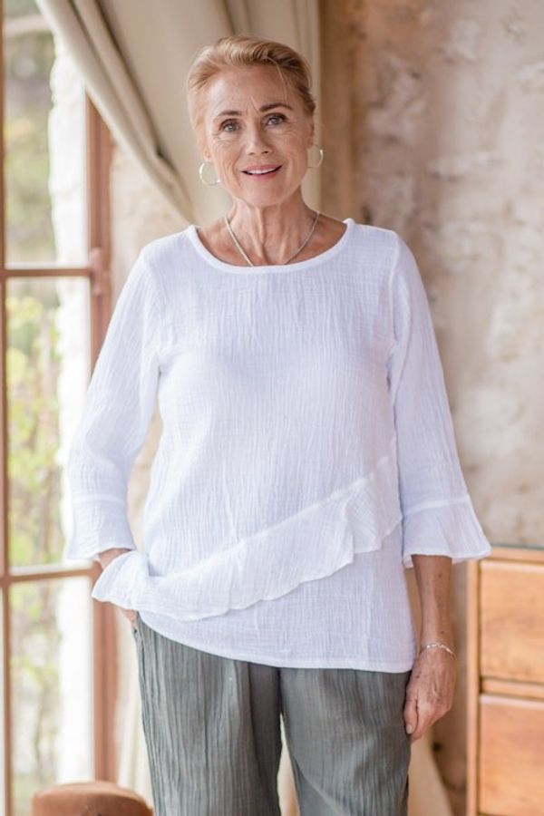 Alternate image for Handcrafted White Double Gauze Cotton Blouse with Ruffle White Ruffles