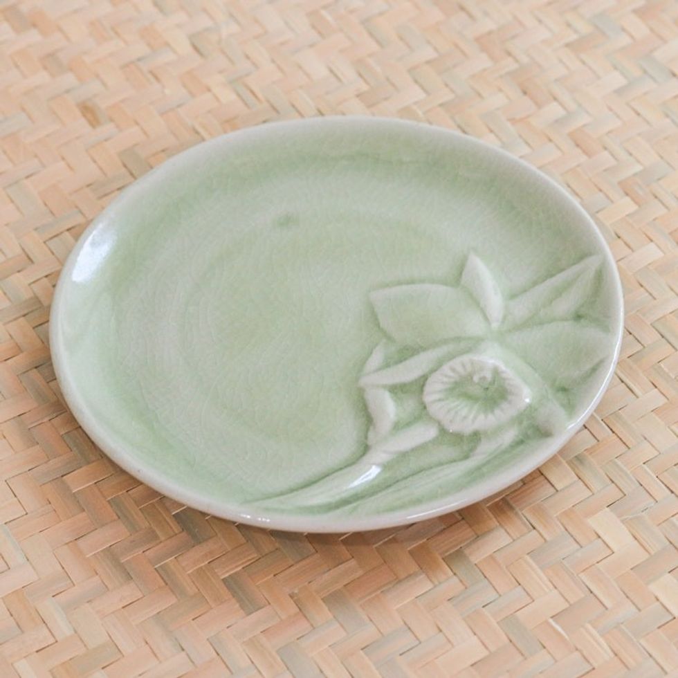 Green Floral Celadon Ceramic Dessert Plate 'Lanna Orchid'