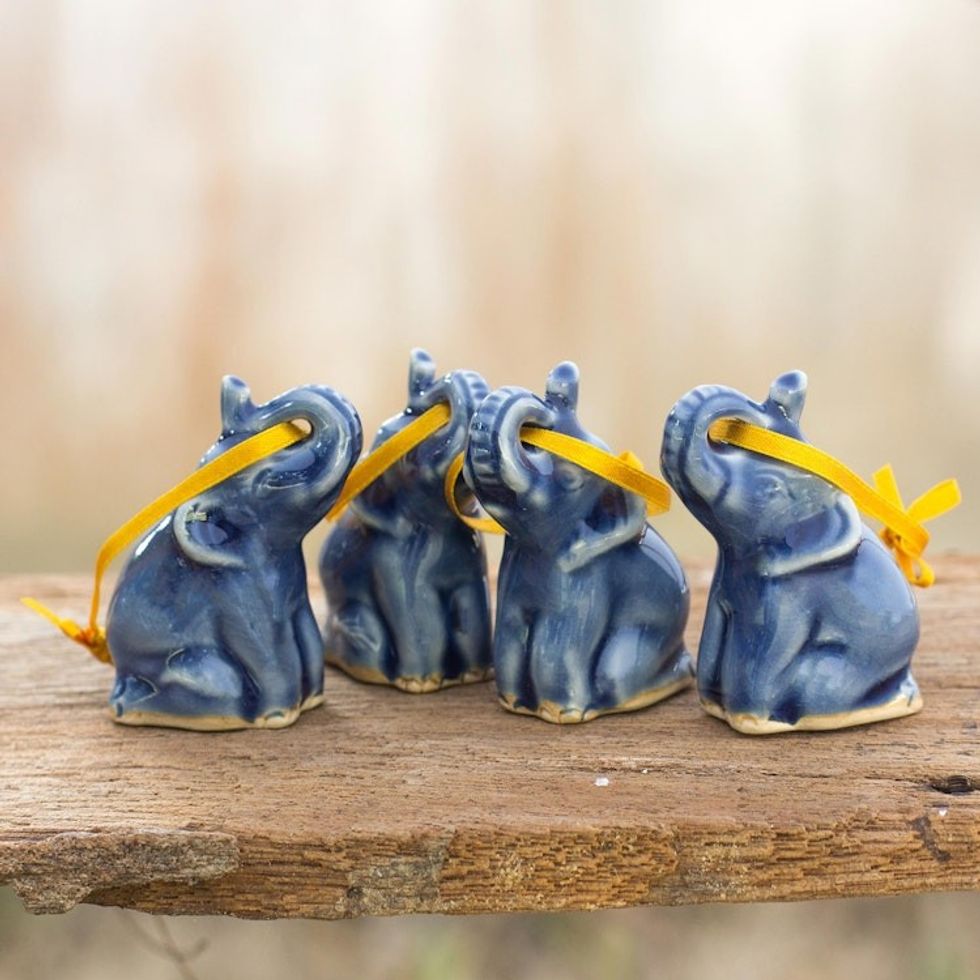 Celadon Ceramic Christmas Ornaments Set of 4 'Blue Elephant Heralds'