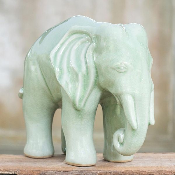 Alternate image for Unique Celadon Ceramic Sculpture Elephant Grace