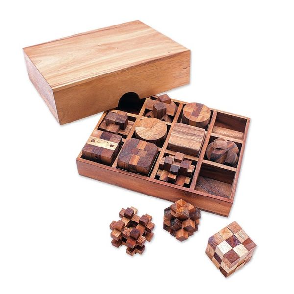 Alternate image for 12 Handcrafted Wood Puzzles with Box from Thailand Array of Challenges