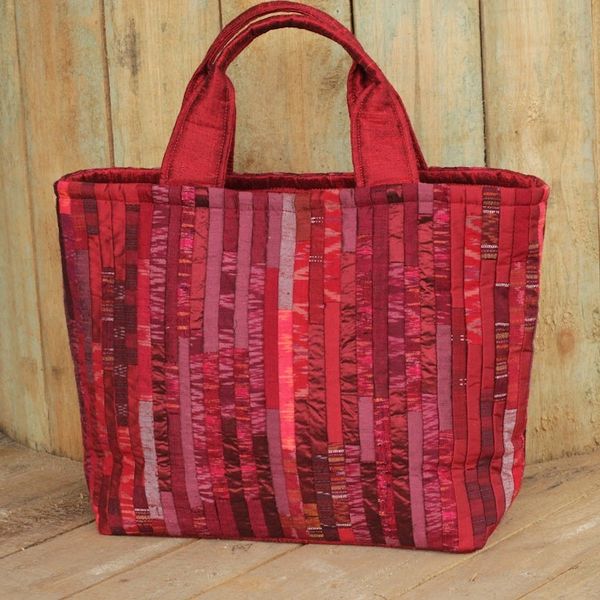 Alternate image for Red Hill Tribe Silk Patterned Tote Bag with Inner Pockets Exotic Red