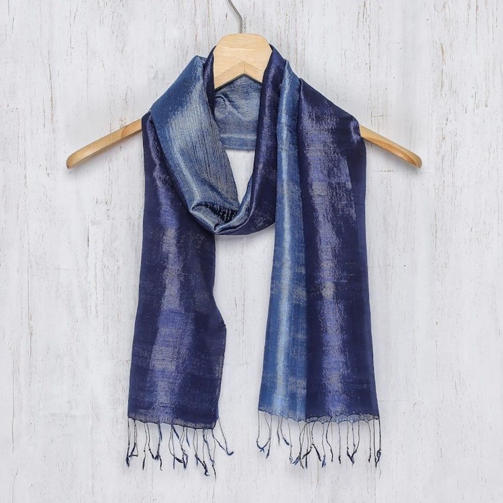 Handcrafted Batik Silk Scarf 'Bluebell Duality'