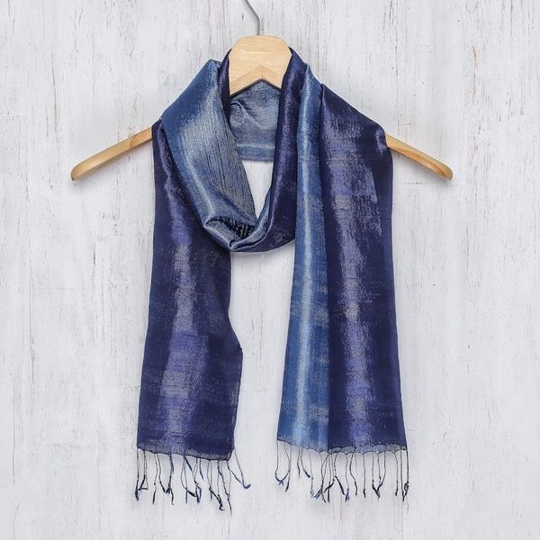 Alternate image for Handcrafted Batik Silk Scarf Bluebell Duality