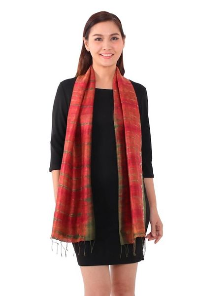 Alternate image for Tie-Dyed Silk Scarf in Claret and Avocado from Thailand Macaw Colors