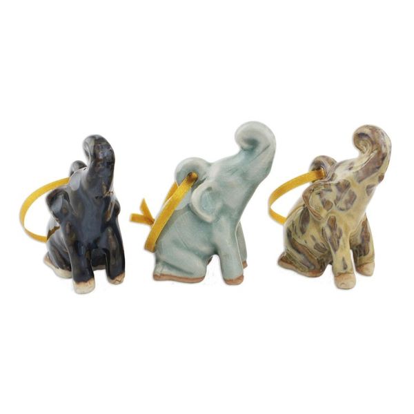 Alternate image for Artisan Crafted Ornaments in Celadon Ceramic Set of 3 Holiday Elephants
